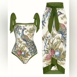 NWOT Peacock Print One-Piece Swimsuit & Matching Sarong Cover-Up – Size L